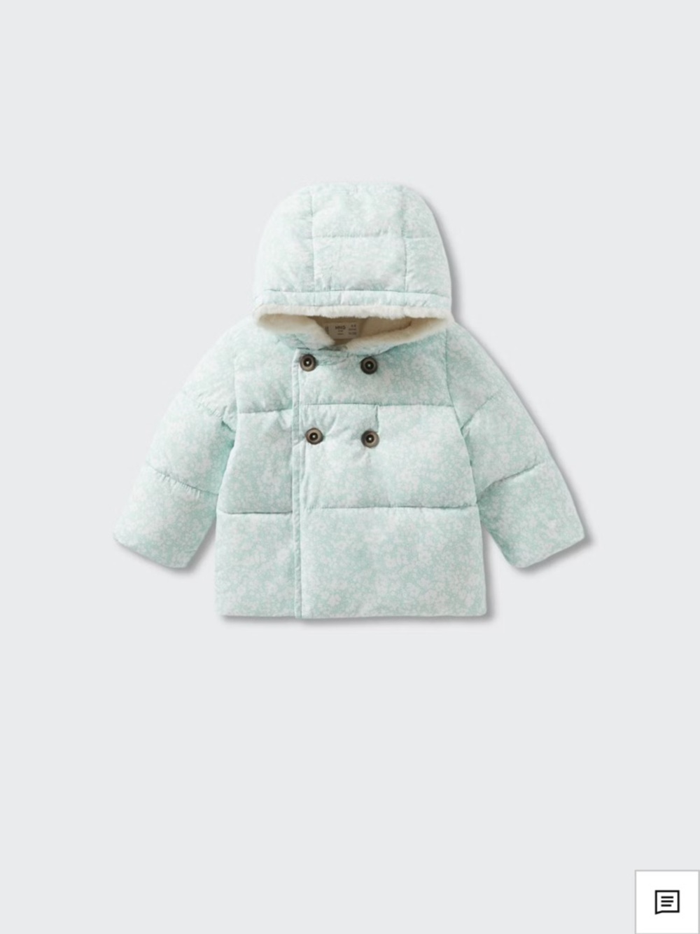MANGO Mint Baby Puffer Coat with Hood SIZE 6-9M. NWT